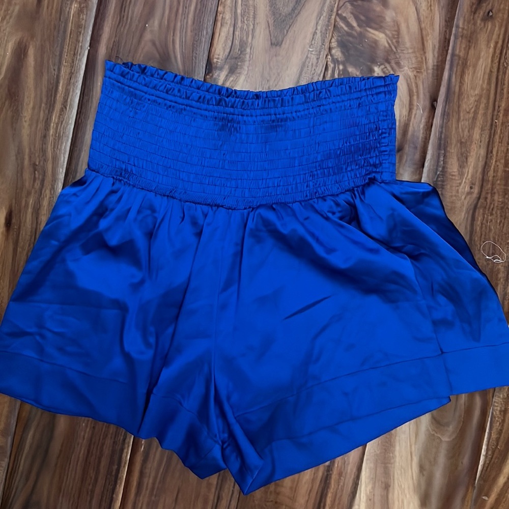 Blue silky shorts with a stretch waist band